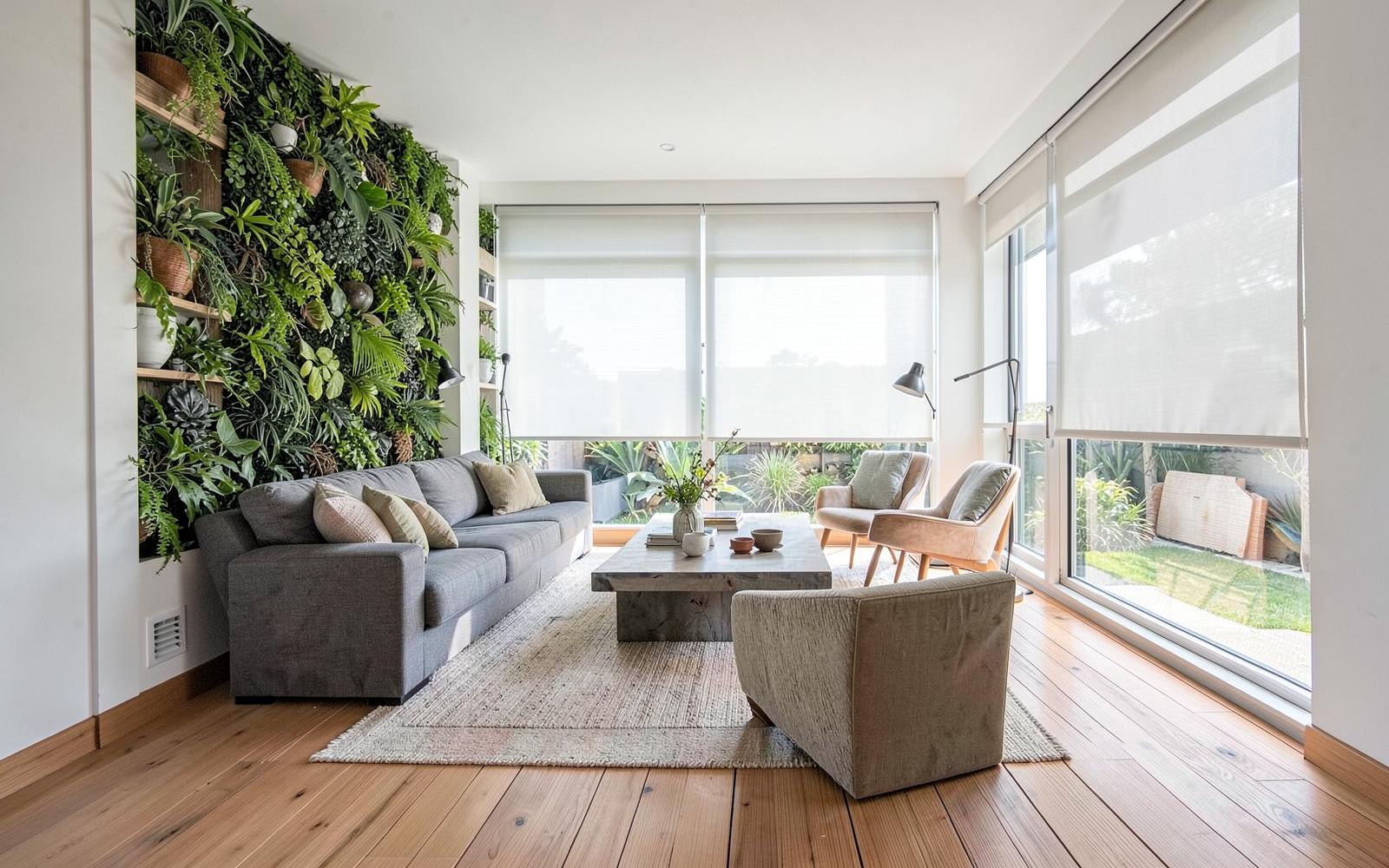 Interior con persianas y muro verde